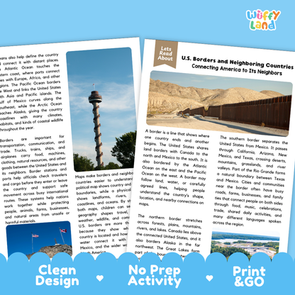 Teacher answer key page showing complete question solutions for U.S. borders and neighboring countries social studies reading comprehension practice