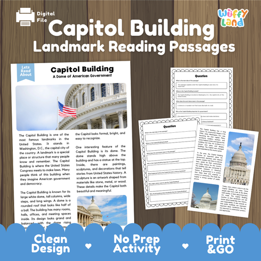 US Capitol Building landmark reading comprehension passage with nonfiction text and comprehension questions about the famous Washington DC landmark