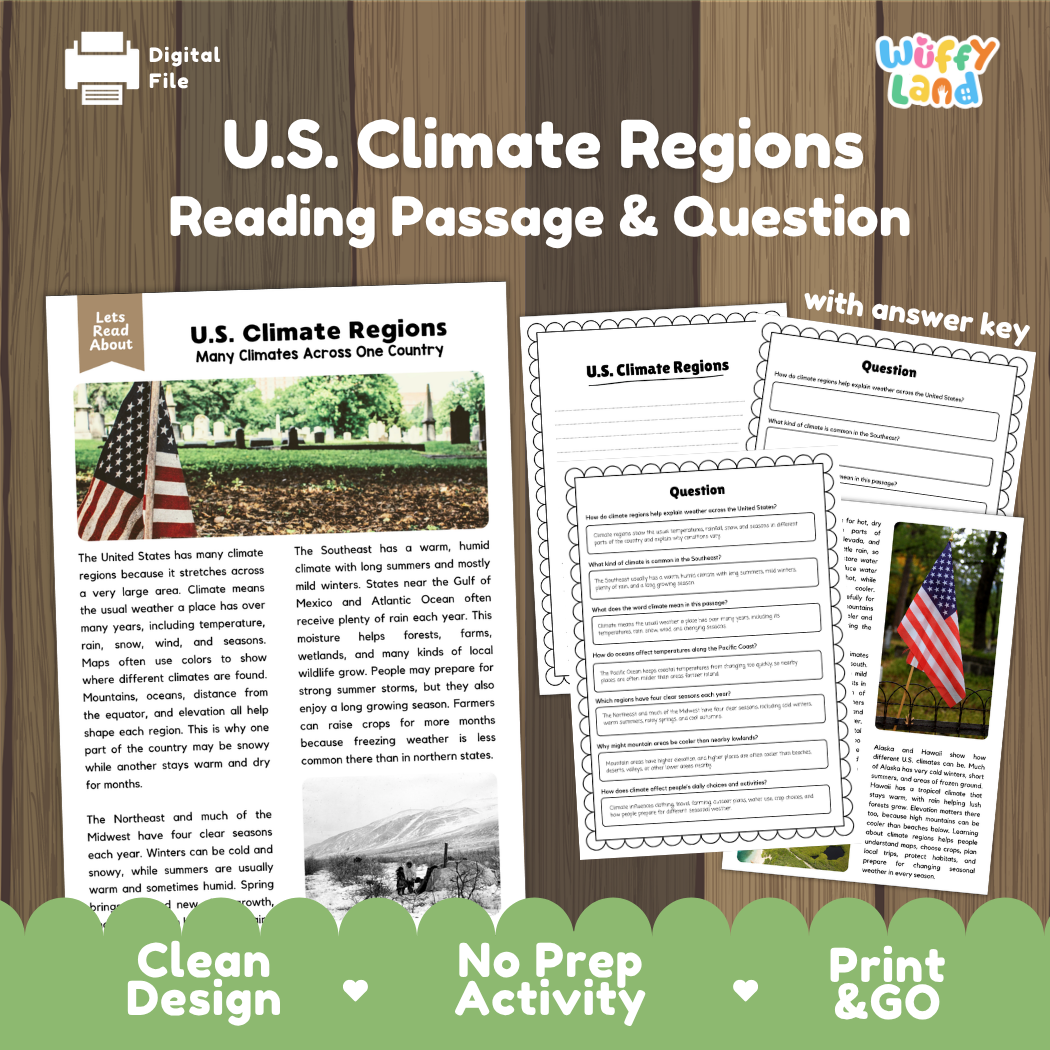 U.S. Climate Regions reading comprehension passage and questions printable activity pack with answer key for elementary students