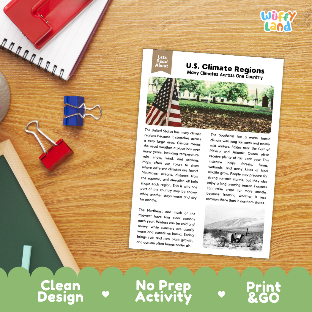 Student reading comprehension worksheet with short-answer questions and lined sections about United States climate regions