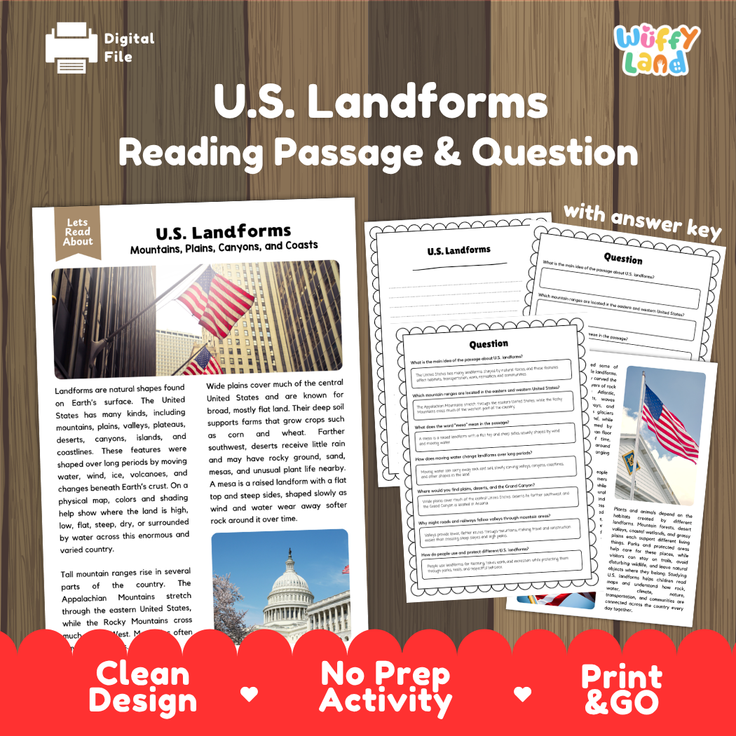 U.S. Landforms reading comprehension passage and questions printable activity pack with answer key for elementary students