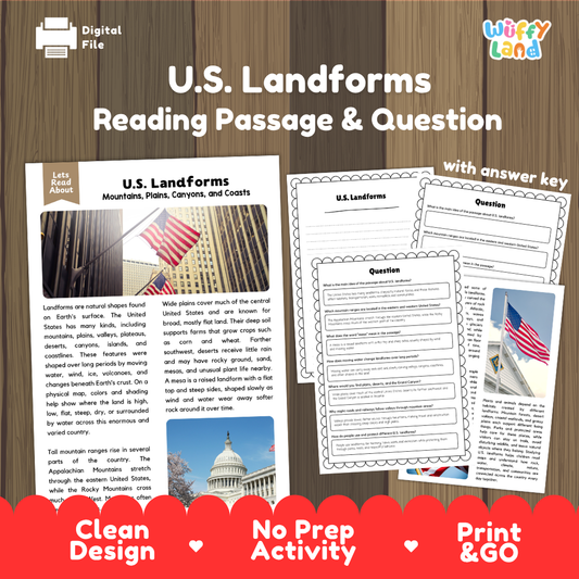 U.S. Landforms reading comprehension passage and questions printable activity pack with answer key for elementary students
