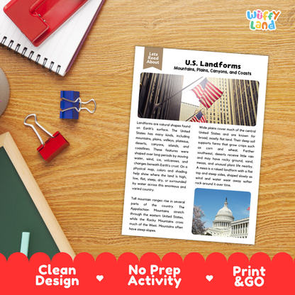 Student reading comprehension worksheet with short-answer questions and lined sections about United States landforms