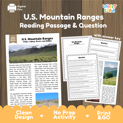 U.S. Mountain Ranges reading comprehension passage and questions printable activity pack with answer key for elementary students