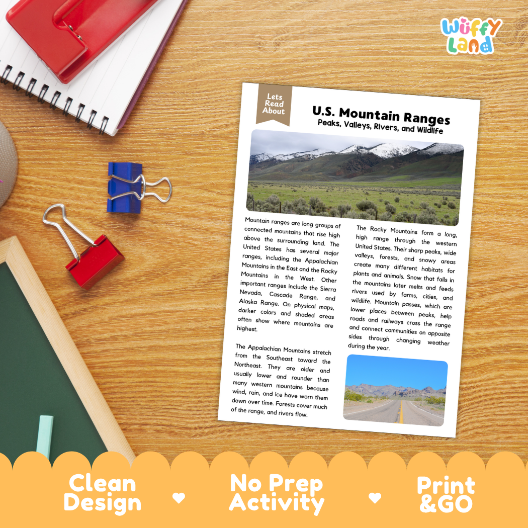 Student reading comprehension worksheet with short-answer questions and lined sections about United States mountain ranges