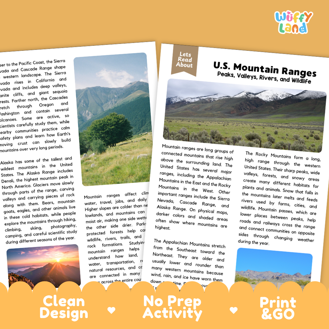Teacher answer key page showing complete question solutions for U.S. mountain ranges geography and Earth science reading comprehension practice