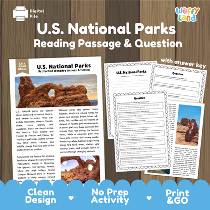 U.S. National Parks reading comprehension passage and questions printable activity pack with answer key for elementary students