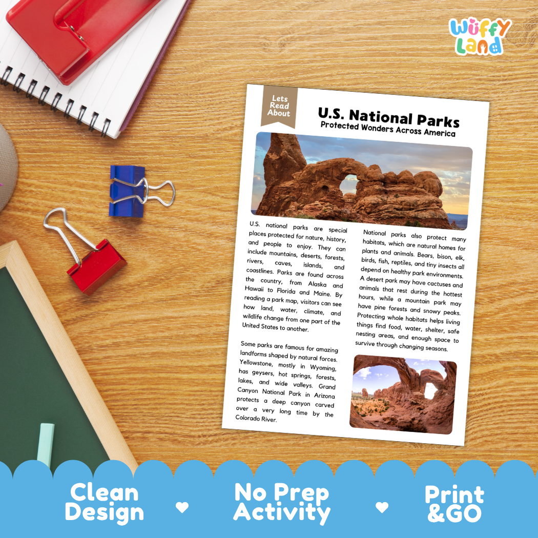 Student reading comprehension worksheet with short-answer questions and lined sections about United States national parks