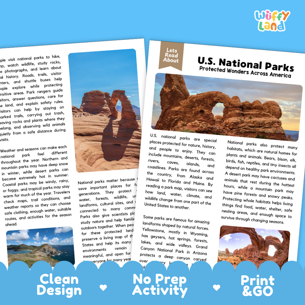 Teacher answer key page showing complete question solutions for U.S. national parks geography and conservation reading comprehension practice