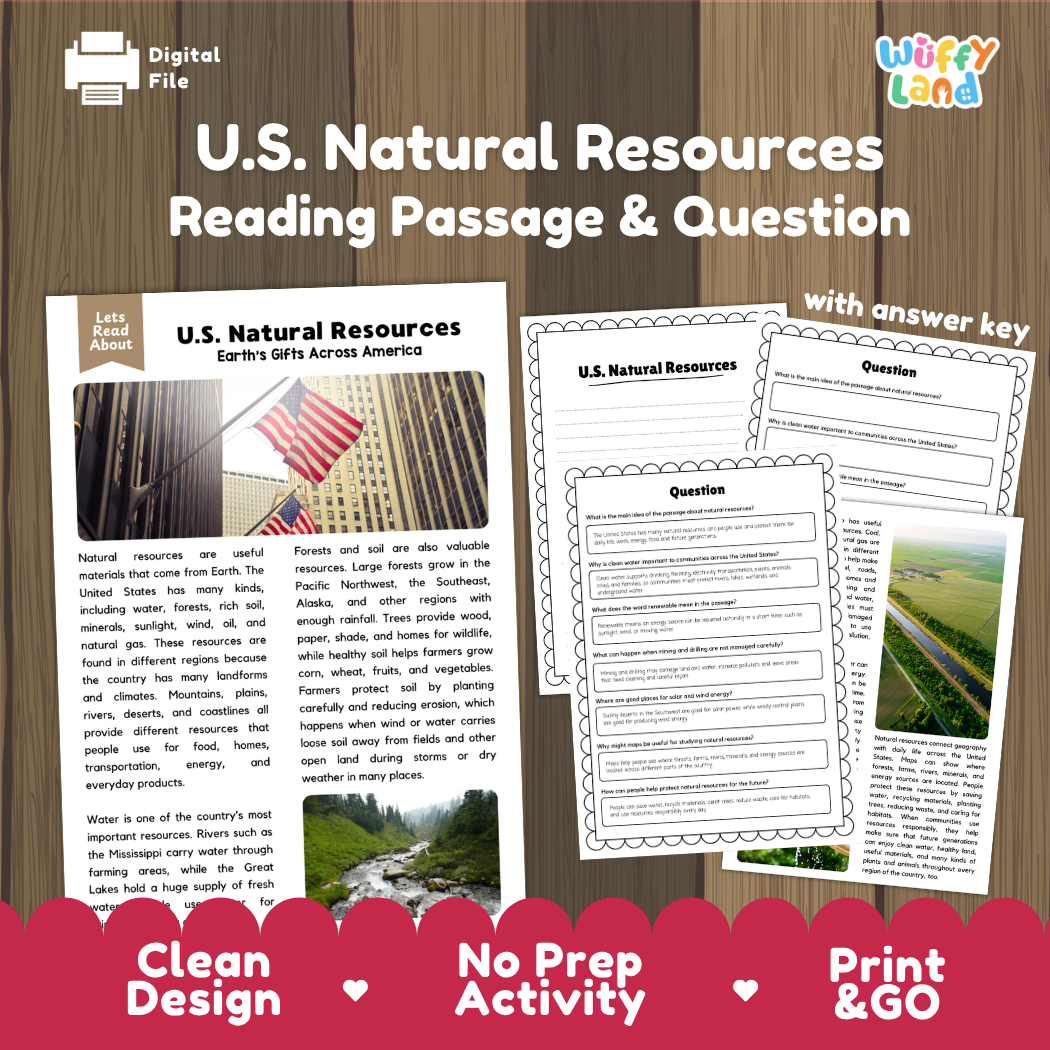 U.S. Natural Resources reading comprehension passage and questions printable activity pack with answer key for elementary students