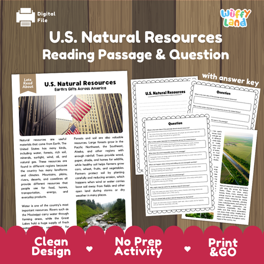 U.S. Natural Resources reading comprehension passage and questions printable activity pack with answer key for elementary students