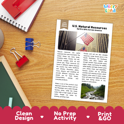 Student reading comprehension worksheet with short-answer questions and lined sections about United States natural resources