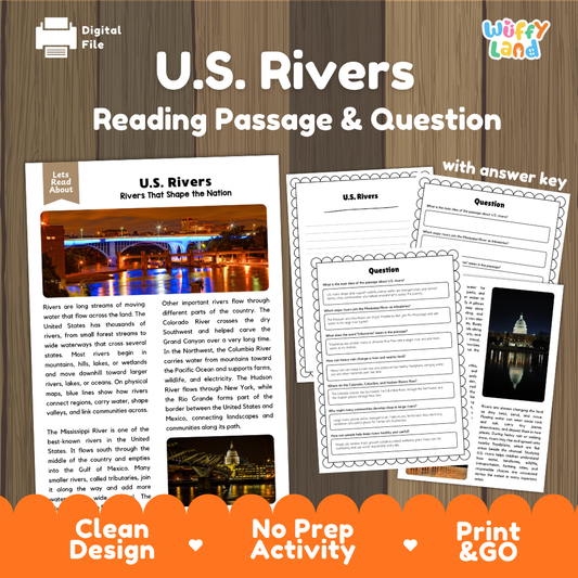 U.S. Rivers reading comprehension passage and questions printable activity pack with answer key for elementary students