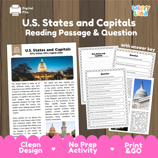 U.S. States and Capitals reading comprehension passage and questions printable activity pack with answer key for elementary students