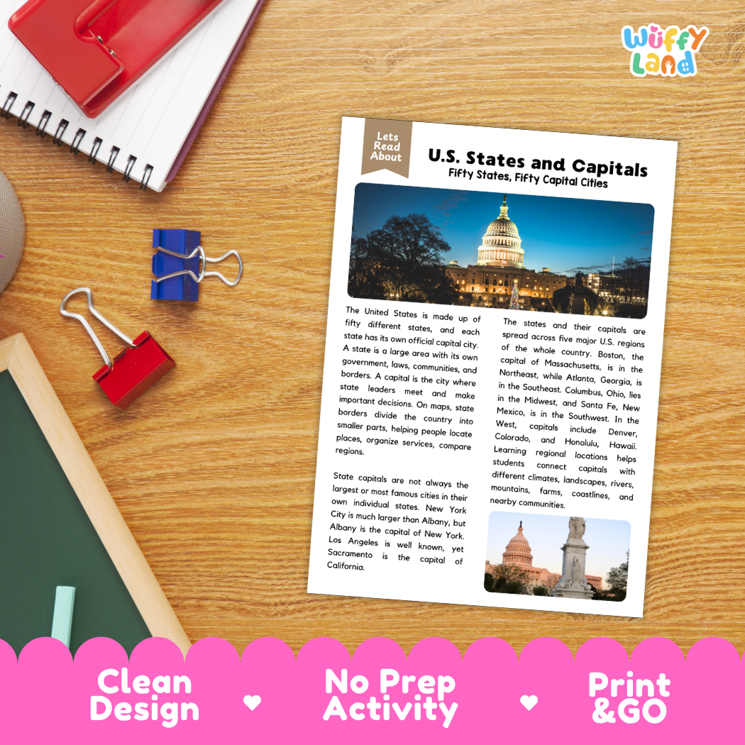 Student reading comprehension worksheet with short-answer questions and lined sections about U.S. states and capitals
