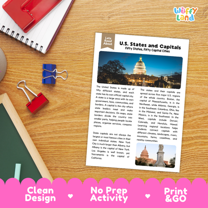 Student reading comprehension worksheet with short-answer questions and lined sections about U.S. states and capitals