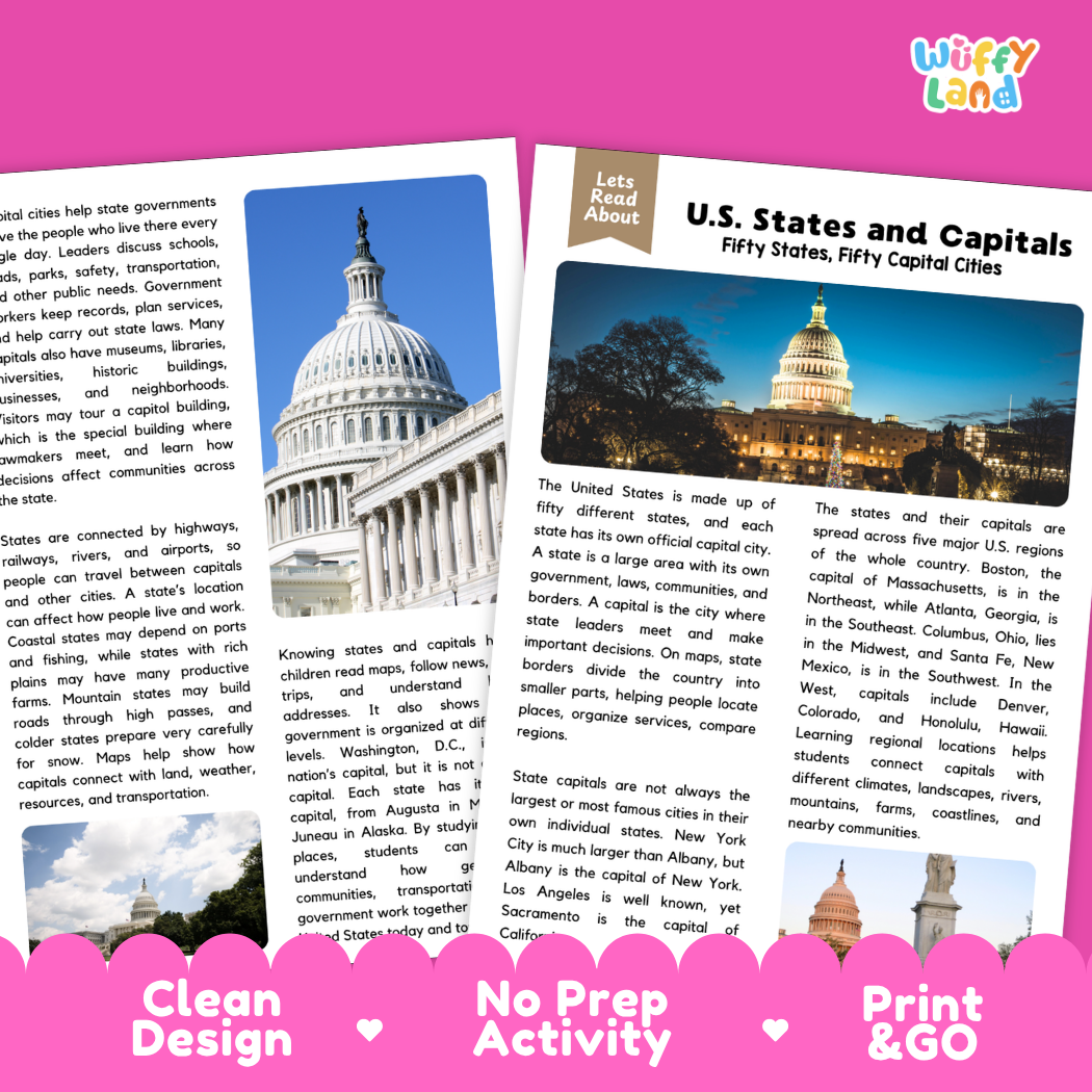 Teacher answer key page showing complete question solutions for U.S. states and capitals social studies civics reading comprehension practice