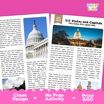 Teacher answer key page showing complete question solutions for U.S. states and capitals social studies civics reading comprehension practice