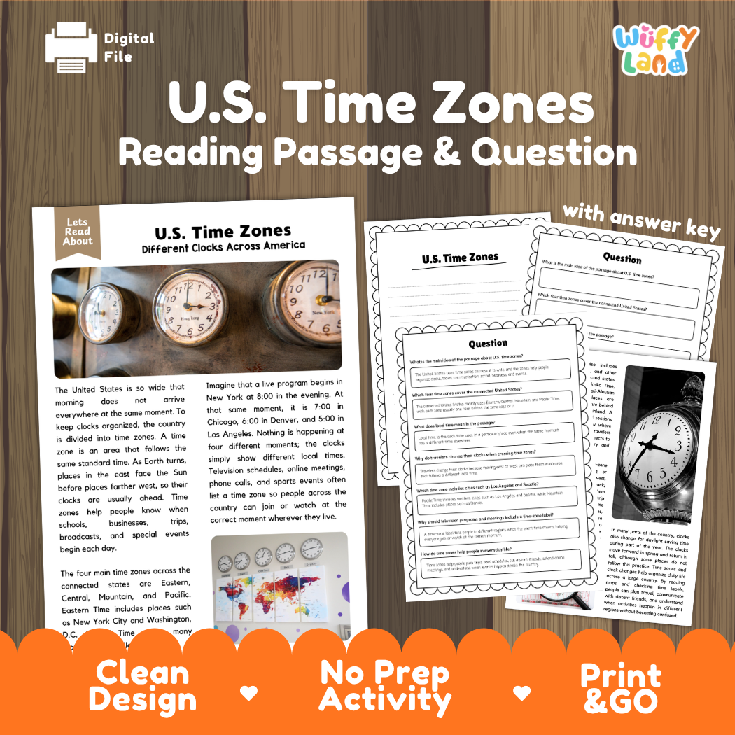 U.S. Time Zones reading comprehension passage and questions printable activity pack with answer key for elementary students