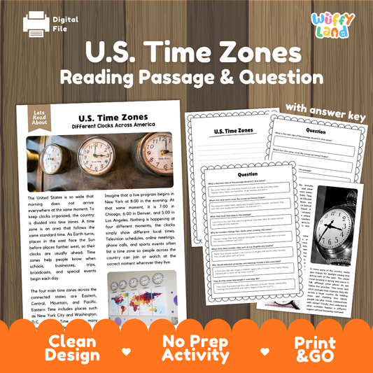 U.S. Time Zones reading comprehension passage and questions printable activity pack with answer key for elementary students