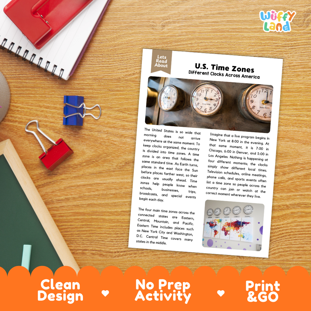 Student reading comprehension worksheet with short-answer questions and lined sections about United States time zones