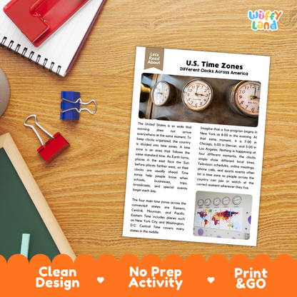 Student reading comprehension worksheet with short-answer questions and lined sections about United States time zones