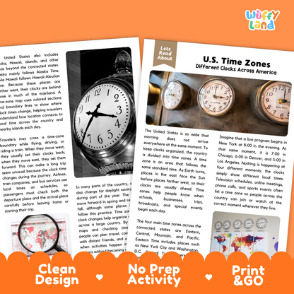 Teacher answer key page showing complete question solutions for U.S. time zones geography and science reading comprehension practice