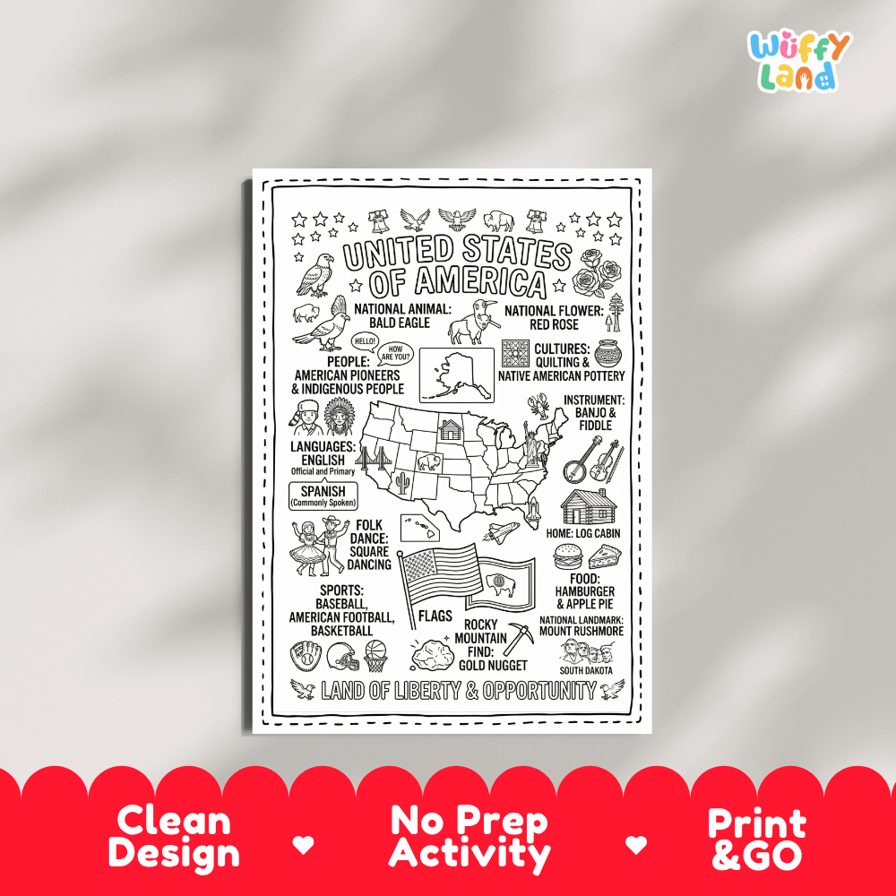 Educational activity coloring page highlighting the American Bald Eagle, bison, Red Rose flower, Liberty Bell, and US flag