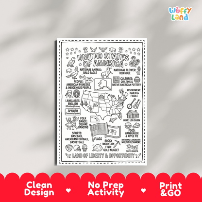 Educational activity coloring page highlighting the American Bald Eagle, bison, Red Rose flower, Liberty Bell, and US flag