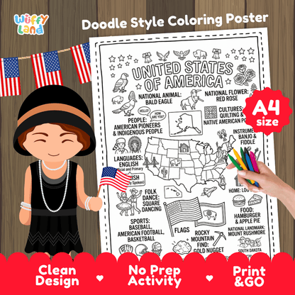 United States of America country study doodle style coloring poster printable page featuring map, Statue of Liberty, and cultural symbols