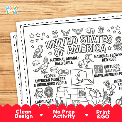 Cultural coloring page featuring American pioneer attire, square dancing, banjo, American football, hamburger, and greeting speech bubbles