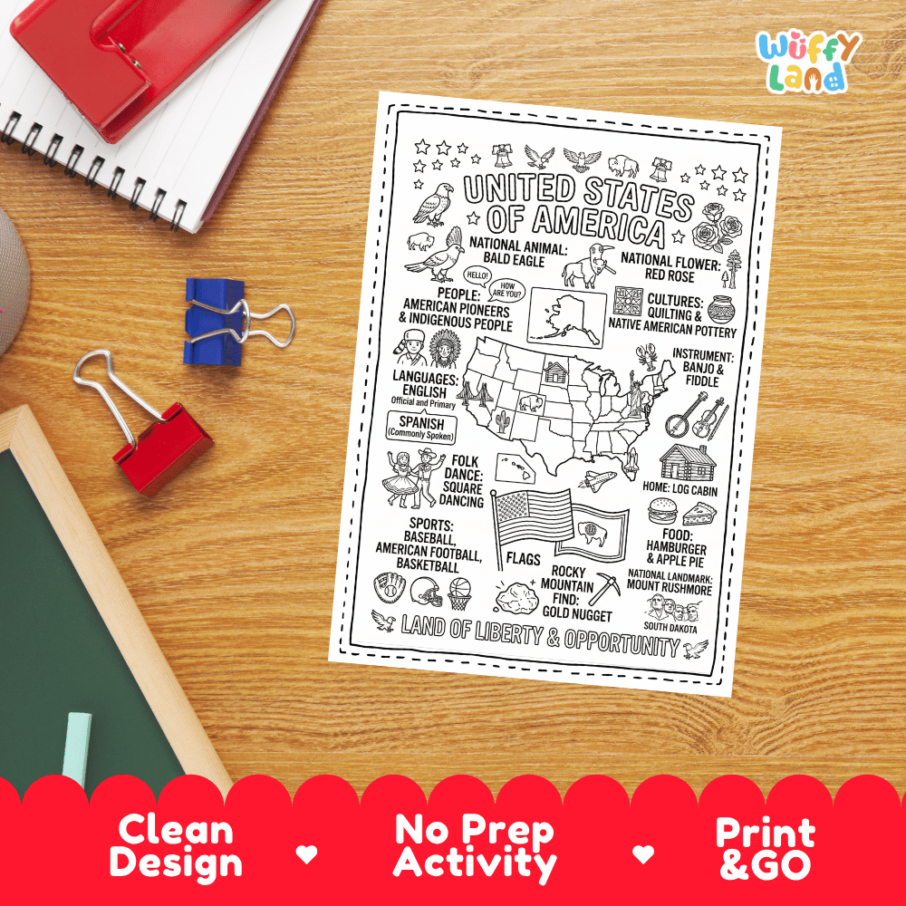Doodle map coloring sheet showing the United States, Mount Rushmore, Golden Gate Bridge, Statue of Liberty, and Rocky Mountains