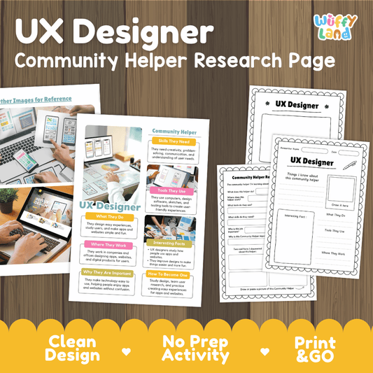 UX designer community helper research page writing worksheets pack featuring real photos and student activity pages for elementary social studies and technology