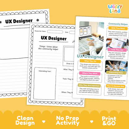 Educational reference poster with real photography showing UX designer duties, sketching tools, office workplace, and interesting facts