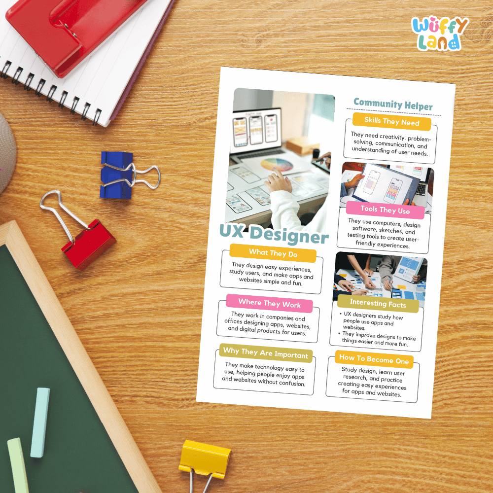 Guided student writing worksheets with lined sections for recording facts and a dedicated box for drawing or pasting a picture of a UX designer