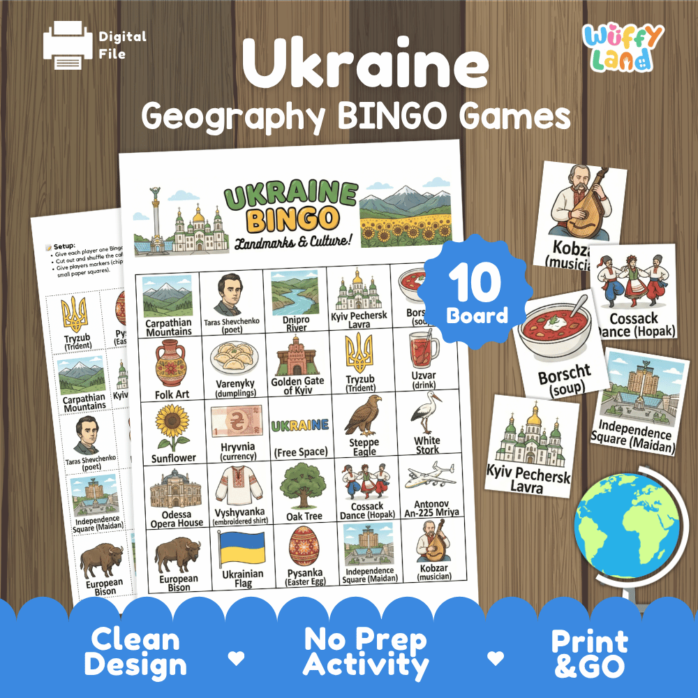 Classroom educational Bingo game cards featuring Kyiv Pechersk Lavra, Borscht soup, Cossack Hopak dance, and Kobzar musician 🎲🥣