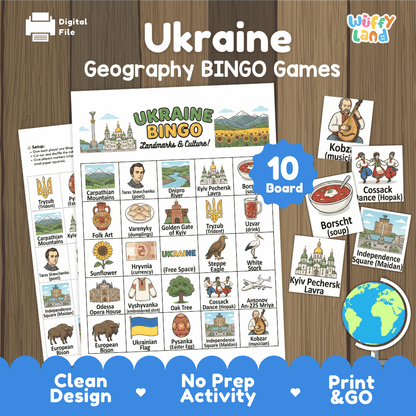 Classroom educational Bingo game cards featuring Kyiv Pechersk Lavra, Borscht soup, Cossack Hopak dance, and Kobzar musician 🎲🥣