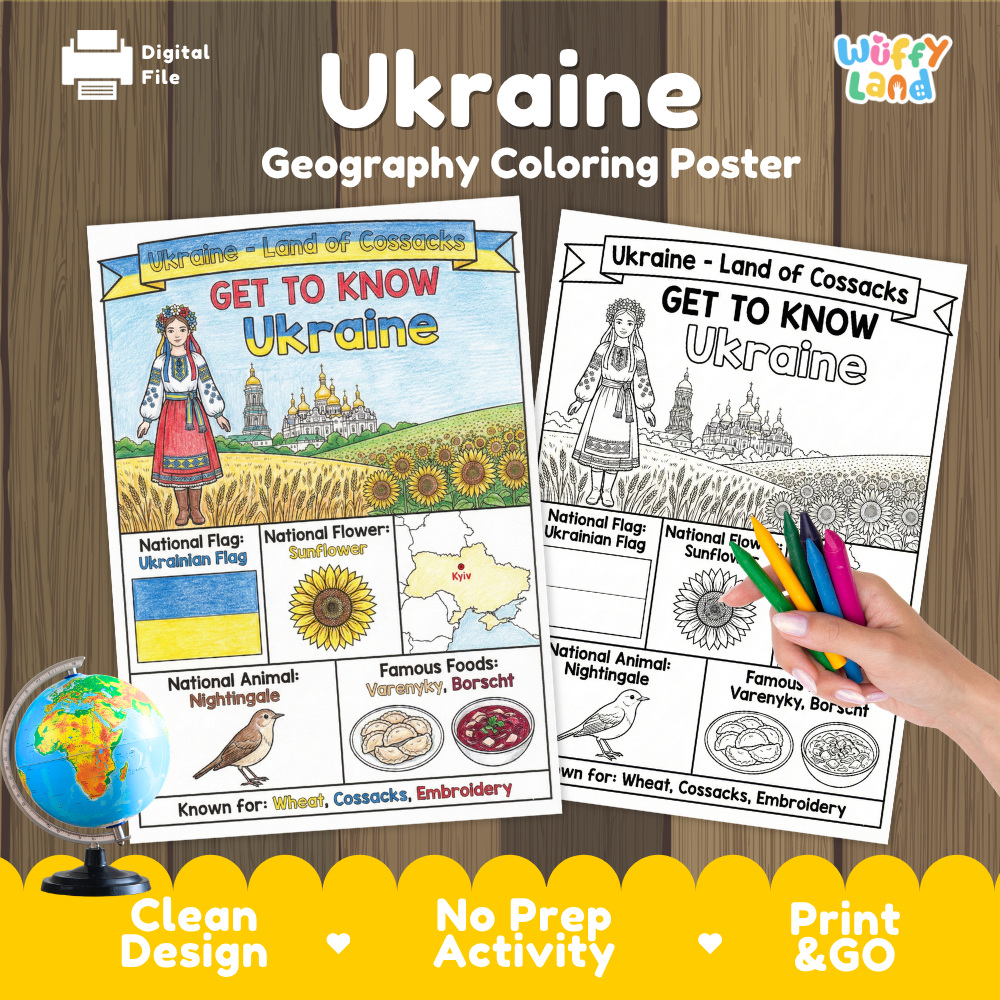 Get to know Ukraine coloring poster paired with photo flashcards of Odessa Opera House, Hoverla Mountain, traditional dress, and Borscht