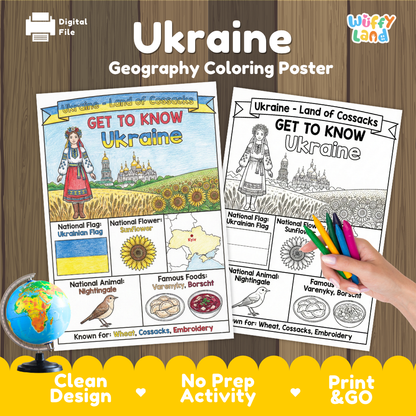 Get to know Ukraine coloring poster paired with photo flashcards of Odessa Opera House, Hoverla Mountain, traditional dress, and Borscht