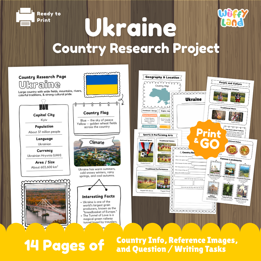 Student country research worksheet on Ukraine featuring blue and yellow flag, Kyiv capital facts, seasonal climate, and geography map