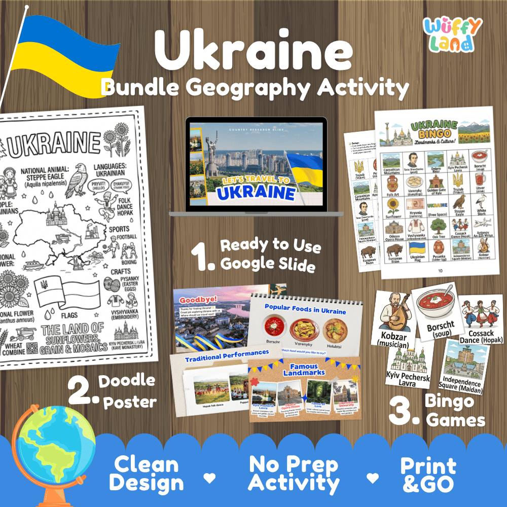 Complete Ukraine geography activity bundle featuring Google Slides, doodle coloring poster, and classroom bingo games 🇺🇦🎒