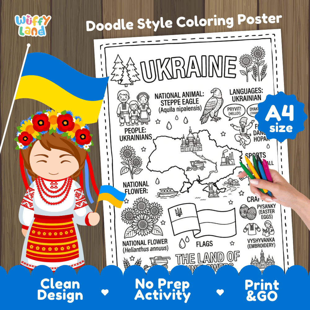 Ukraine country study doodle style coloring poster printable page featuring map, cathedral, and cultural symbols