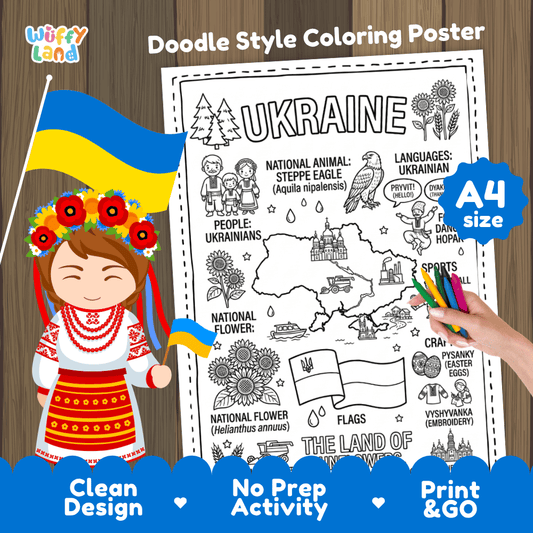 Ukraine country study doodle style coloring poster printable page featuring map, cathedral, and cultural symbols