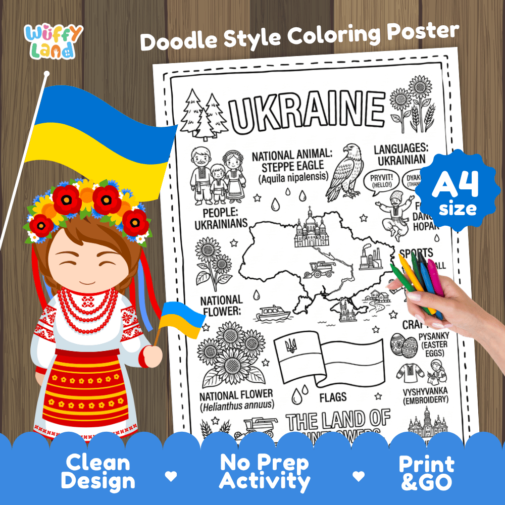 Printable A4 doodle coloring poster highlighting Ukraine map, Steppe Eagle, Sunflower, and Kyiv Pechersk Lavra 🎨🦅