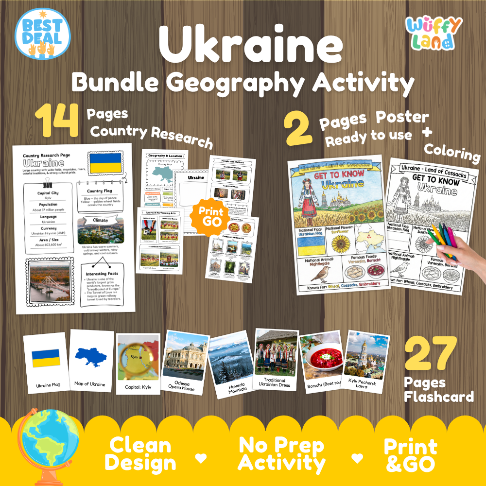 Ukraine geography activity bundle cover showing 14 country research pages, 2 ready to use coloring posters, and 27 photo flashcards