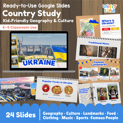 Interactive Google Slides deck displaying famous Ukrainian landmarks like Kyiv Pechersk Lavra and traditional foods like Borscht and Varenyky 💻🏛️