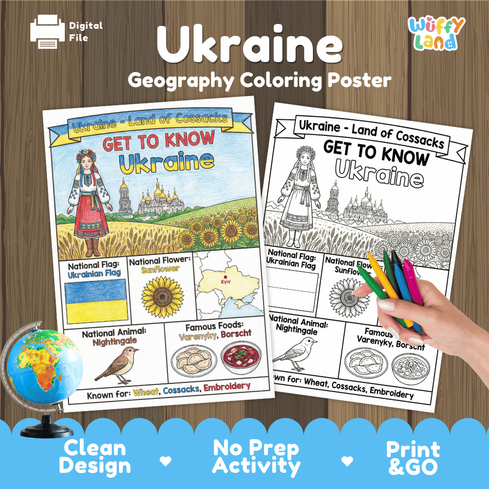Ukraine Geography Coloring Poster and Fact Sheet Printables