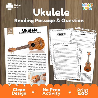 Ukulele reading comprehension passage and questions printable activity pack with answer key for elementary students