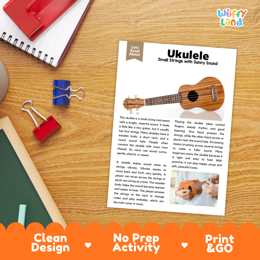 Student reading comprehension worksheet with short-answer questions and lined sections about the ukulele instrument