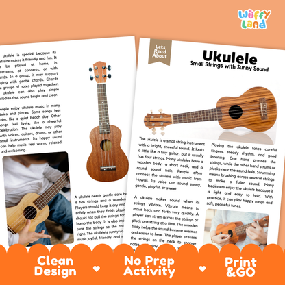 Teacher answer key page showing complete question solutions for Ukulele music education reading comprehension practice